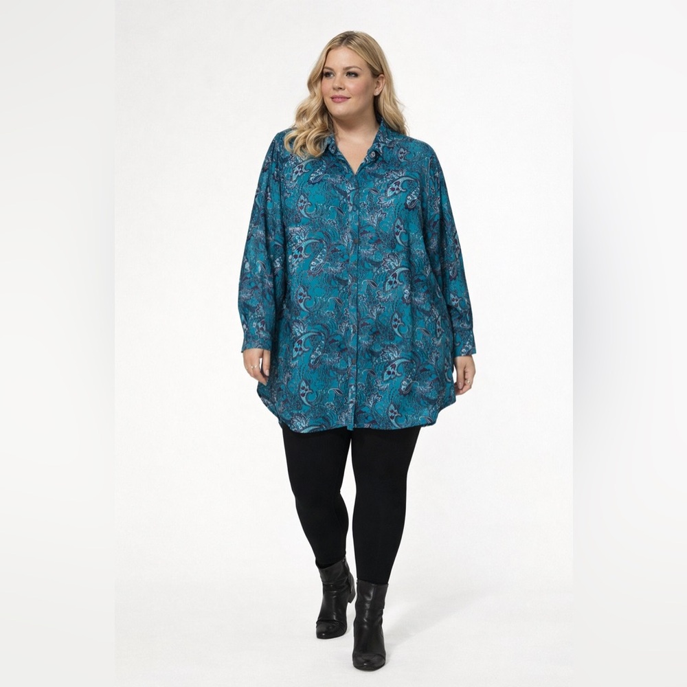 Michel Studio Teal Blue Purple Paisley Silky Button Down Tunic Top Size 16